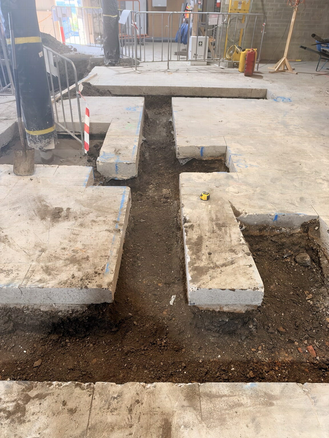 Intersecting excavated trenches inside the Brunswick warehouse